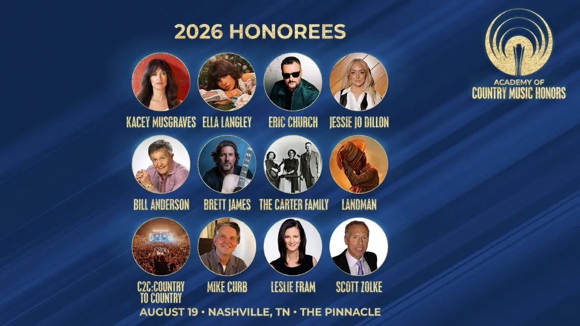 Academy of Country Music (ACM)® Announces Special Award Honorees for 19th ACM Honors Including Kacey Musgraves, Eric Church, Brett James, the Carter Family, C2C: Country to Country, Paramount + Hit Television Series: “Landman”, Leslie Fram, Bill Anderson,