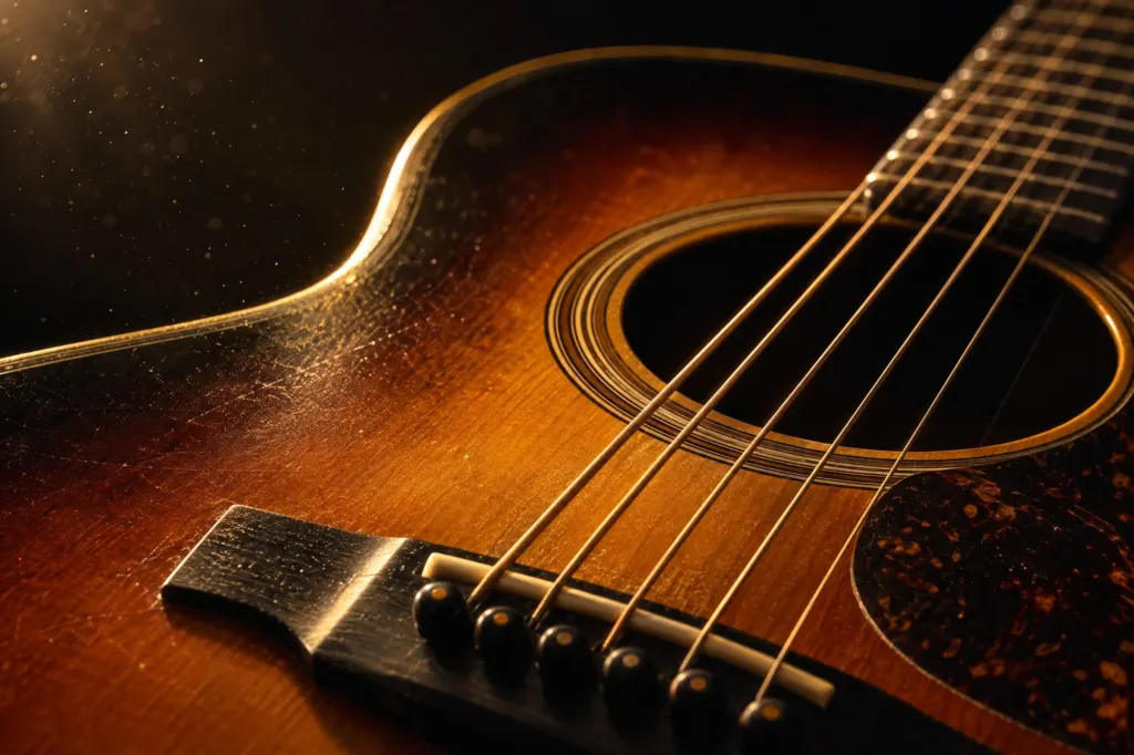 Acoustic guitar in gold light
