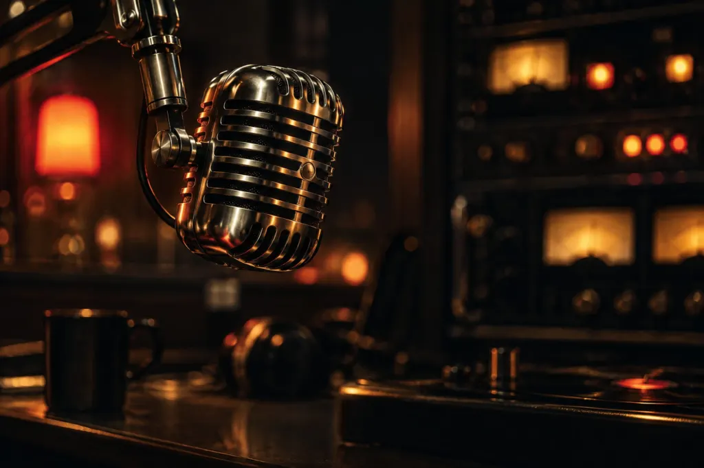 Broadcast microphone in a dark studio