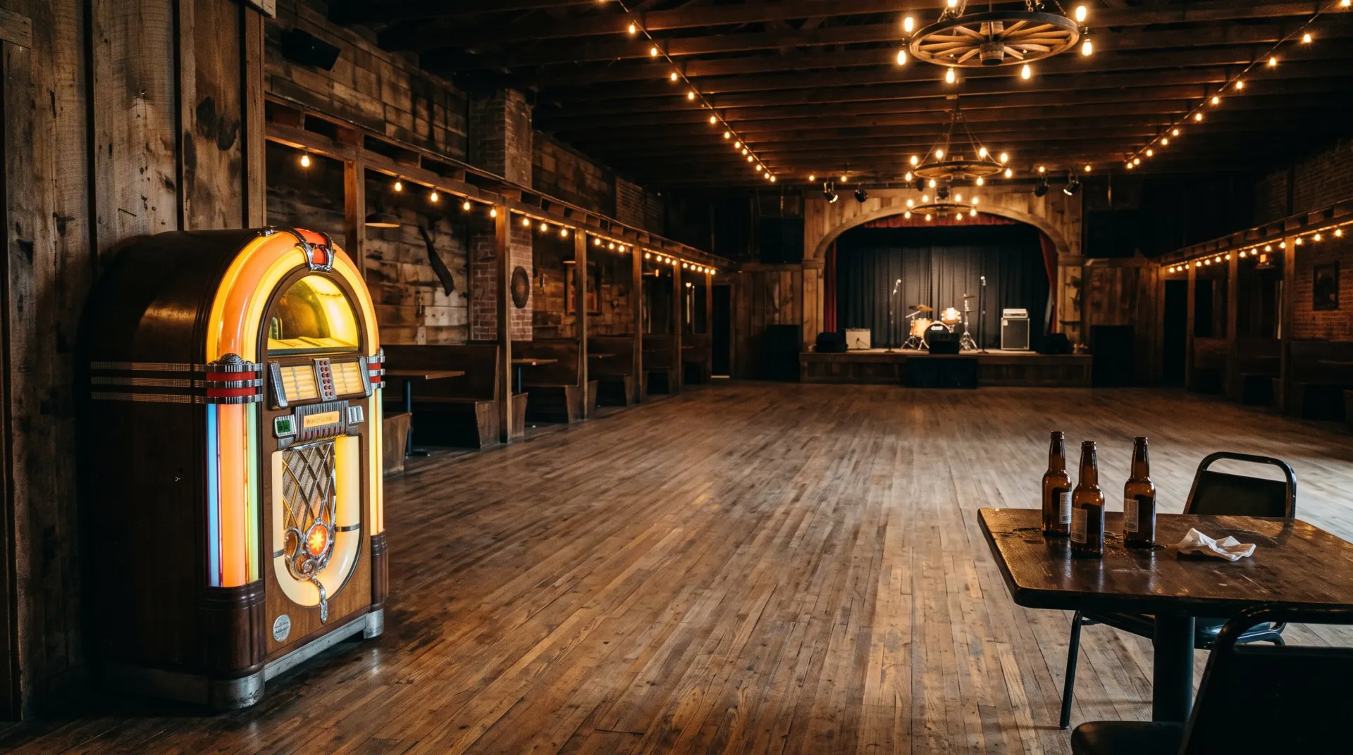 Glowing jukebox beside the dance floor of a Texas honky-tonk dance hall