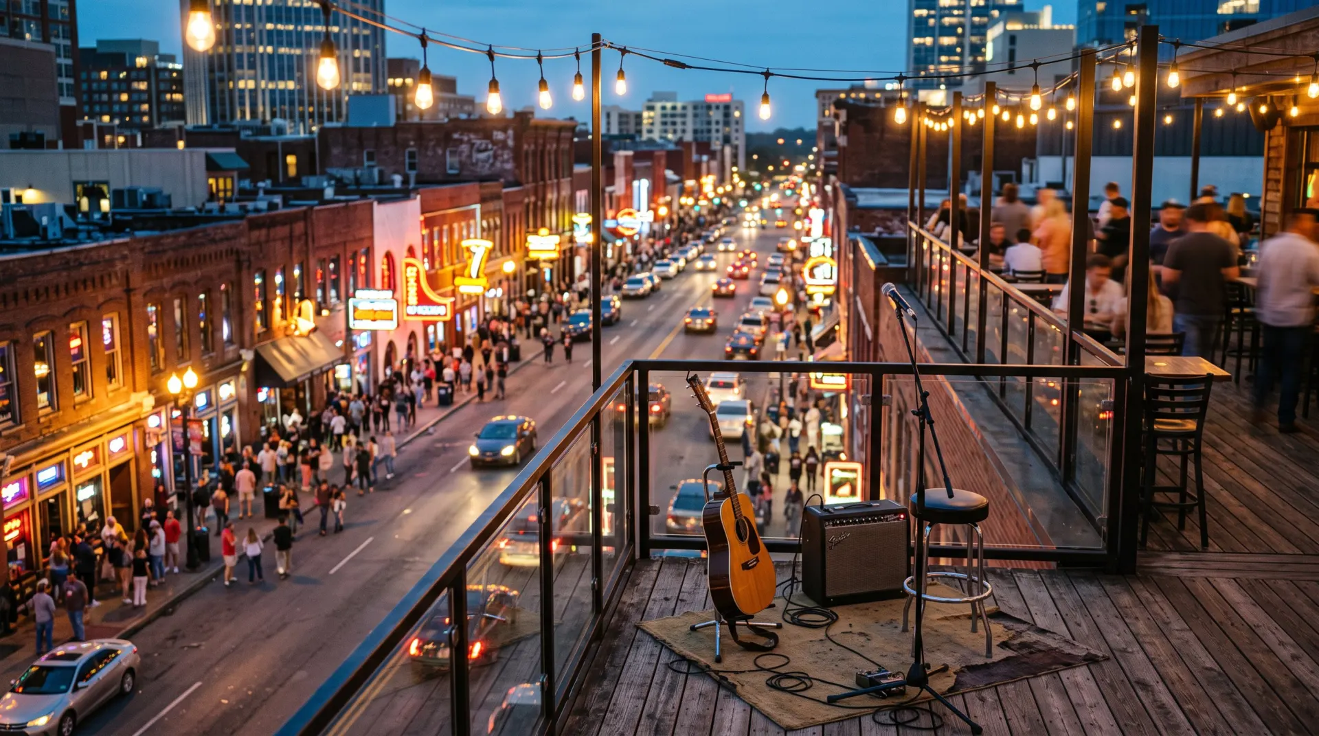 Acoustic stage on a rooftop above a street of honky-tonk bars at blue hour