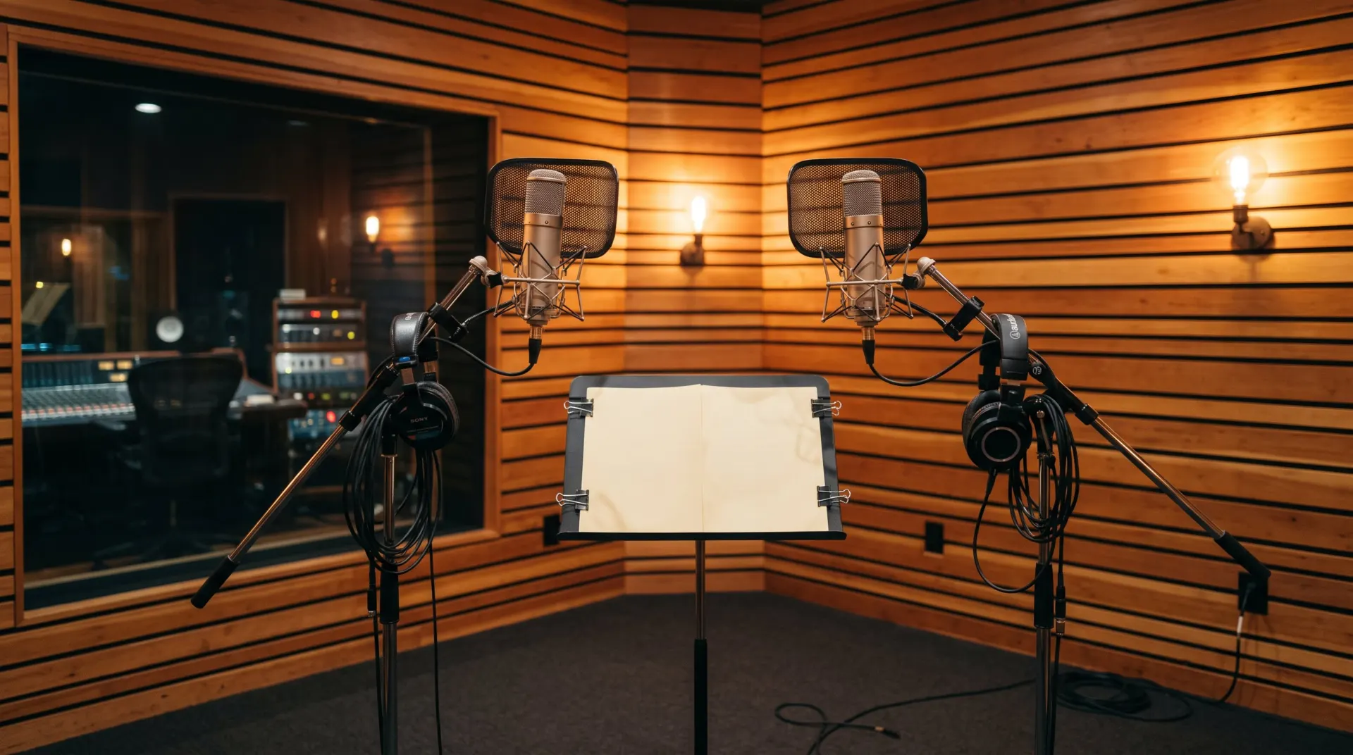 Two studio microphones facing each other in a vocal booth set for a duet