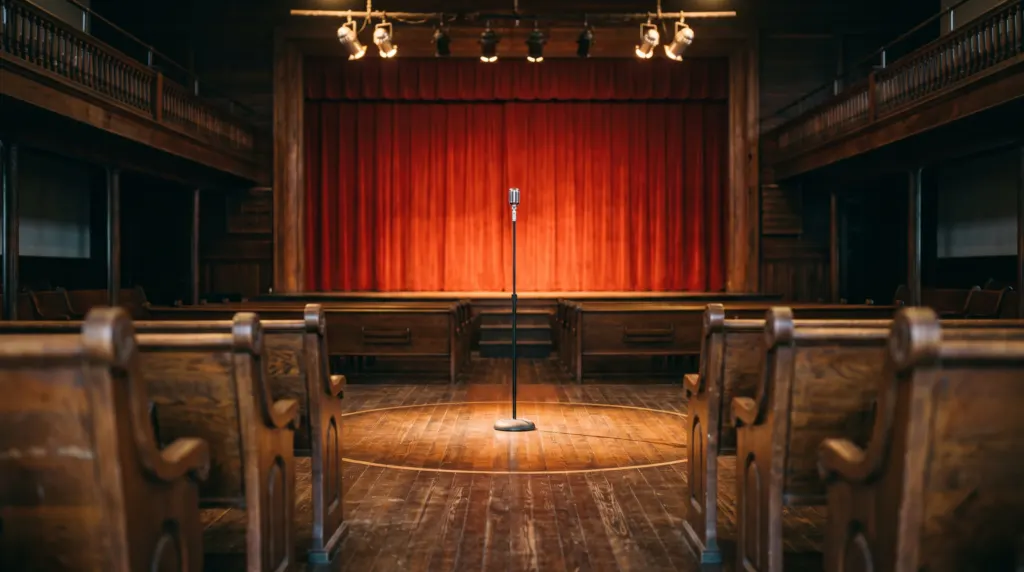 Vintage microphone standing in the wooden circle of a historic country music stage