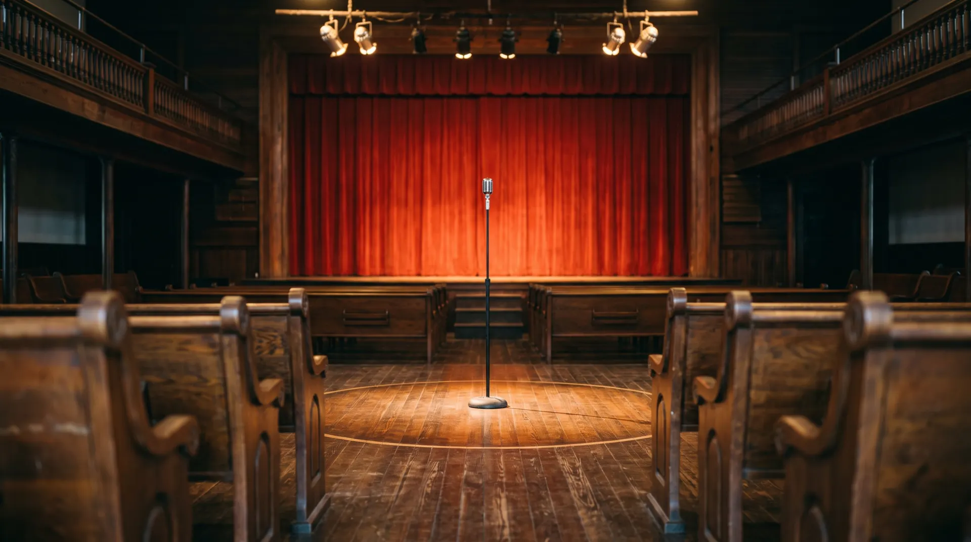 Vintage microphone standing in the wooden circle of a historic country music stage