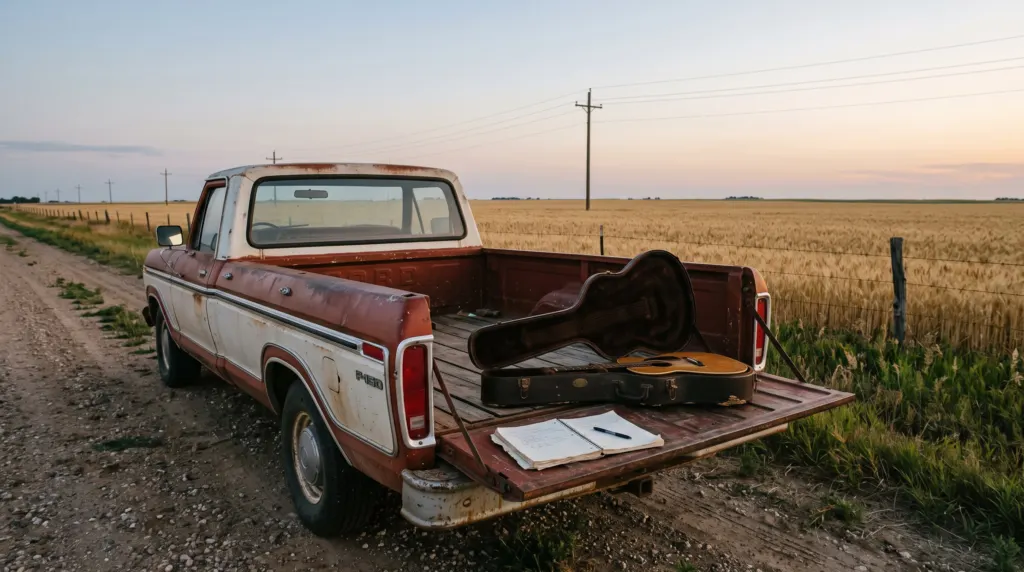Pickup truck tailgate with an open guitar case and a notebook beside an Oklahoma wheat field at dusk